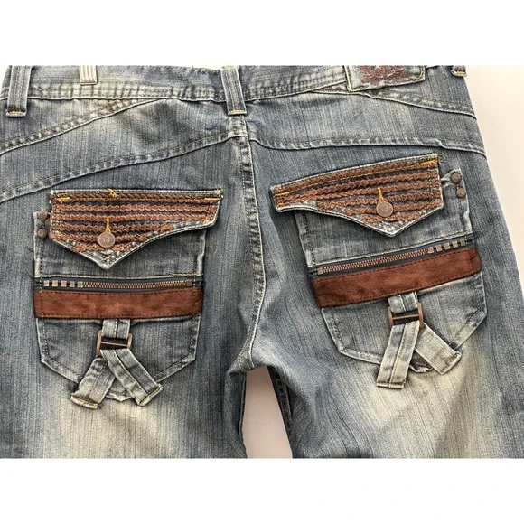 FUSAI Focus USA Mens Straight Leg 36 Streetwear Jeans Embroidered Pockets Y2K - Picture 3 of 16